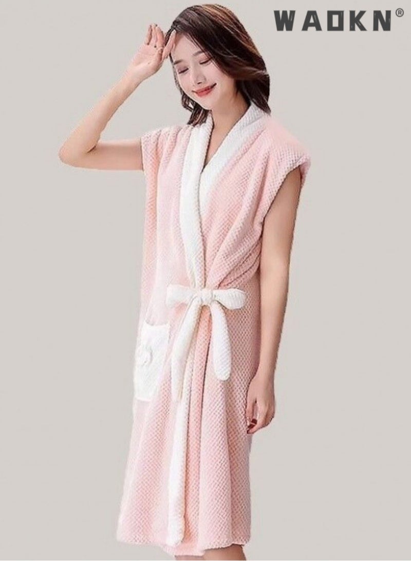 WAOKN Women's Bath Robe, Wearable Bath Towel with Side Pocket Wrap Shower Wrap Towel Dress Bathrobe Waffle Spa Towel Robes with Adjustable Closure Quick Dry Lightweight Cover Up - Image 1